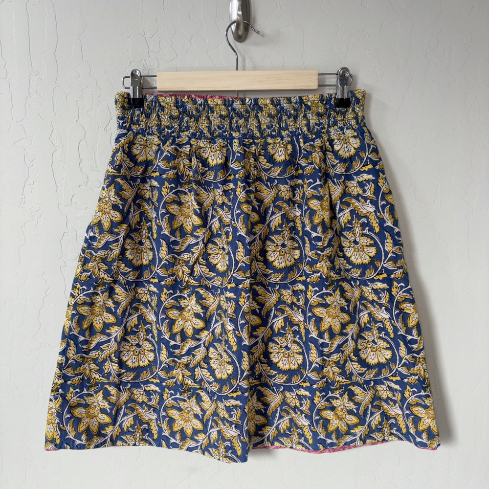 Sundance Reversible Floral Block Print Boho Skirt Blue Pink‎ Cotton Smocked Sz S